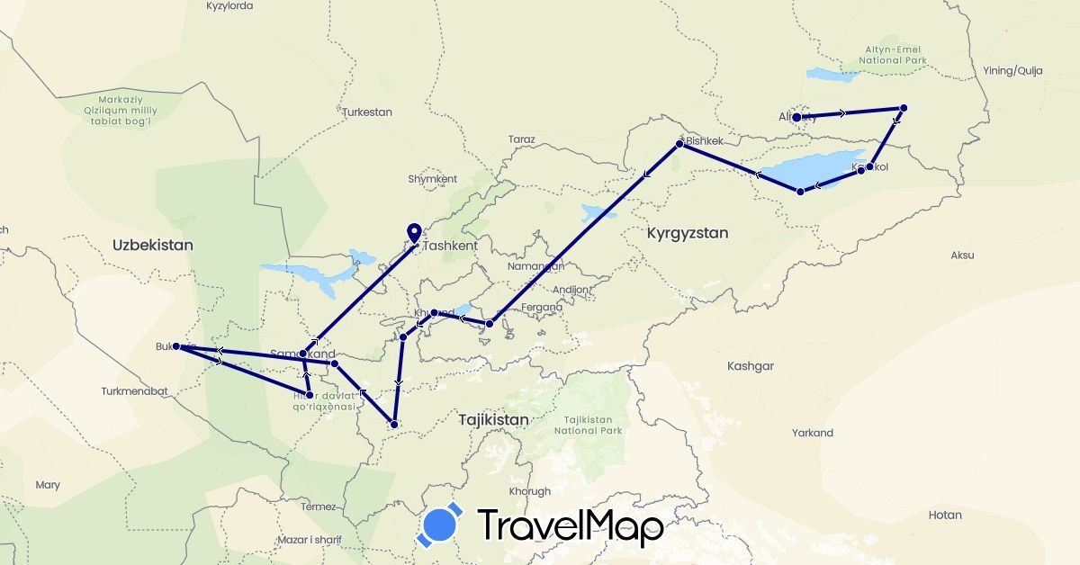 TravelMap itinerary: driving in Kyrgyzstan, Kazakhstan, Tajikistan, Uzbekistan (Asia)